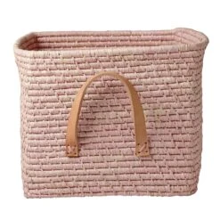 Rice Basket With Leather Handles, Light Pink