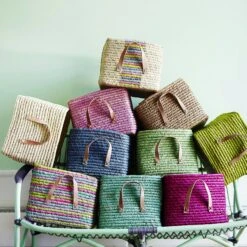 Rice Basket With Leather Handles, Blue -Gubi Furni Sales rice basket with leather handles 2 1