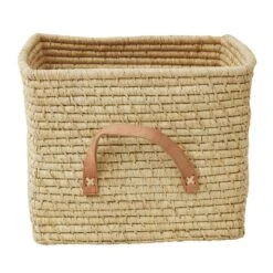 Rice Basket With Leather Handles, Natural